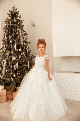 Lovely Cap Sleeve Tulle White Little Girl Dress for Wedding Party_6