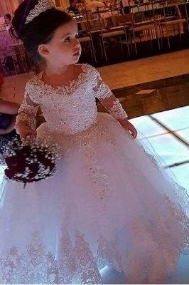 Lovely White Flower Girl Dress Long Sleeves Lace Appliques with Pearls Wedding Party Dress for Girls_1