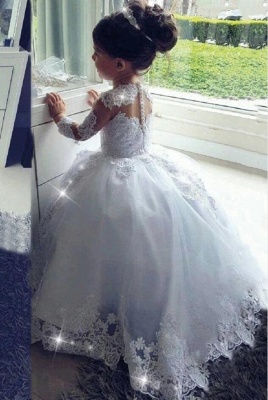 Long Sleeves White Tulle Lace Flower Girl Dress for Weddings_2