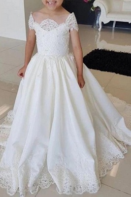 Lovely Cap Sleeves White Lace Flower Girl Dress Wedding Party Dress for Kids_1