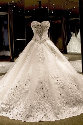 Sleeveless Applique Sequin Sweetheart Ball Gown Cathedral Train Tulle Wedding Dresses UK_2