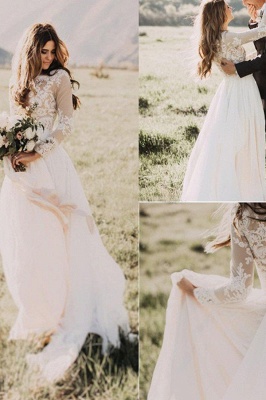 Long Sleeves Floor-Length Applique Tulle A-Line Scoop Neckline Wedding Dresses UK_2