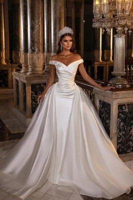 Off-the-Shoulder White Satin Mermaid Wedding Gown with Detachable Sweep Train
