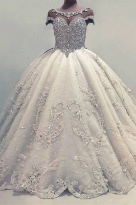 Glamorous Ball Gown Wedding Dresses UK Shiny Crystals Bridal Gowns with Flowers_2