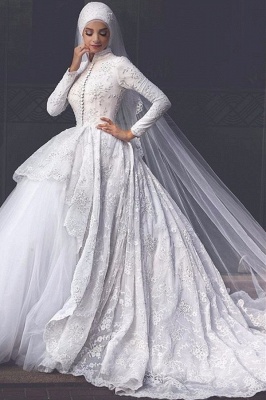 Elegant High Neck Wedding Dresses UK Lace Long Sleeves Muslim Bridal Gowns_2