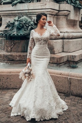 Gorgeous Long Sleeves White Mermaid Wedding Dress V-Neck Floral Lace Bridal Gown_1