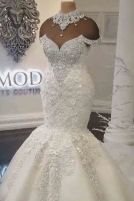 Glamorous Crystals  Sexy Mermaid Wedding Dresses UK | Off-the-Shoulder Appliques Bridal Gowns_3