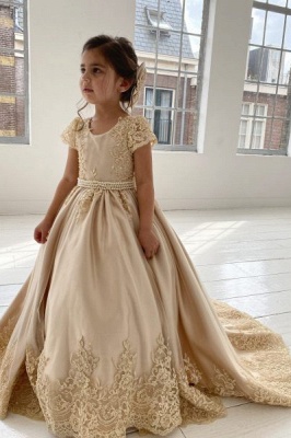 Cute Cap Sleeves Satin Lace Appliques Little Girl Dress Birthday Party Dress for Child