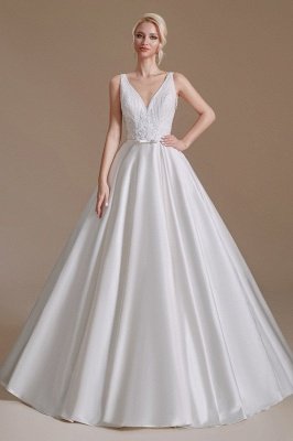 Charming Aline Wedding Dress Sleeveless V-Neck Satin Bridal Dress with Floral Lace Pattern_1