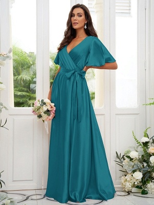 Charming Satin Wedding Party Dress Aline Puffy Sleeves Loong Bridesmaid Dress with Belt_22
