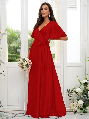 Charming Satin Wedding Party Dress Aline Puffy Sleeves Loong Bridesmaid Dress with Belt_33