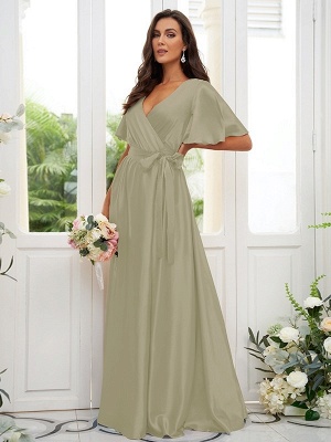 Charming Satin Wedding Party Dress Aline Puffy Sleeves Loong Bridesmaid Dress with Belt_13