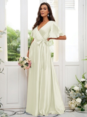 Charming Satin Wedding Party Dress Aline Puffy Sleeves Loong Bridesmaid Dress with Belt_16
