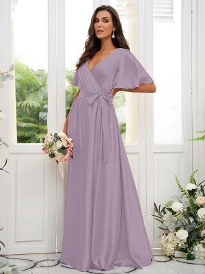 Charming Satin Wedding Party Dress Aline Puffy Sleeves Loong Bridesmaid Dress with Belt_26