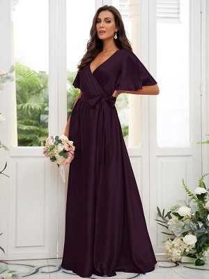 Charming Satin Wedding Party Dress Aline Puffy Sleeves Loong Bridesmaid Dress with Belt_19
