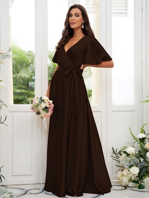 Charming Satin Wedding Party Dress Aline Puffy Sleeves Loong Bridesmaid Dress with Belt_10