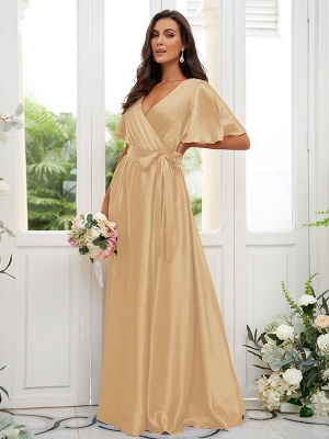 Charming Satin Wedding Party Dress Aline Puffy Sleeves Loong Bridesmaid Dress with Belt_18