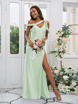 Sexy Asymmetric Satin Bridesmaid Dress|Side Slit Long Wedding Party Dress for Women_11