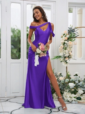 Sexy Asymmetric Satin Bridesmaid Dress|Side Slit Long Wedding Party Dress for Women_28