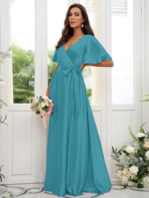 Charming Satin Wedding Party Dress Aline Puffy Sleeves Loong Bridesmaid Dress with Belt_32