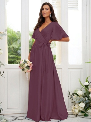 Charming Satin Wedding Party Dress Aline Puffy Sleeves Loong Bridesmaid Dress with Belt_40