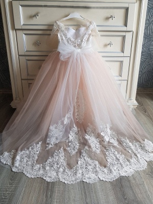 Cute Tulle Lace Wedding Flower Girl Dresses with Sleeves Little Girl Dress_4