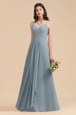 Spaghetti Straps Dusty Blue Long Bridesmaid Dress Sweetheart Ruched Chiffon Wedding Guest Dress_5