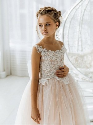 Tulle Lace Wedding Flower Girl Dress White Appliques Sleeveless Formal Party Dress for Kids_4