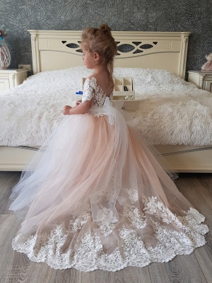 Cute Tulle Lace Wedding Flower Girl Dresses with Sleeves Little Girl Dress_2
