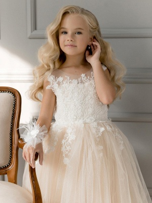 Champagne Tulle Flower Girl Dress White Lace Appliques  Floor Length Girl Formal Dress with Bowtie_3