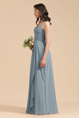 Spaghetti Straps Dusty Blue Long Bridesmaid Dress Sweetheart Ruched Chiffon Wedding Guest Dress_4