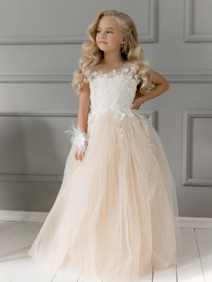 Champagne Tulle Flower Girl Dress White Lace Appliques  Floor Length Girl Formal Dress with Bowtie