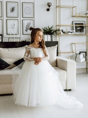 White/Ivory Tulle Lace Wedding Flower Girl Dress Long Sleeves Birthday Party Dress