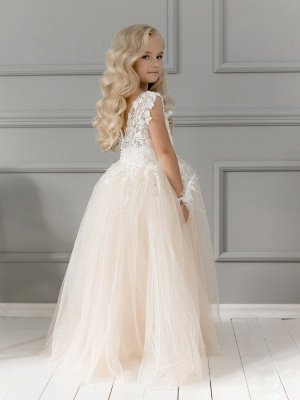Champagne Tulle Flower Girl Dress White Lace Appliques  Floor Length Girl Formal Dress with Bowtie_2