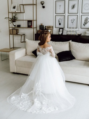 White/Ivory Tulle Lace Wedding Flower Girl Dress Long Sleeves Birthday Party Dress_2