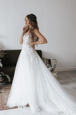 Elegant Sleeveless Wedding Dress V-Neck Aline Floral Lace Bridal Dress_1
