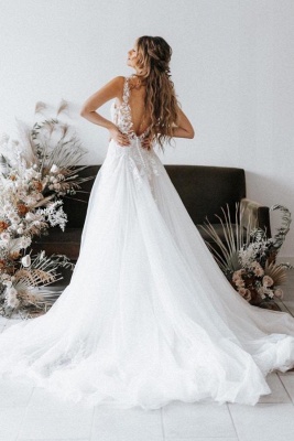 Elegant Sleeveless Wedding Dress V-Neck Aline Floral Lace Bridal Dress_2
