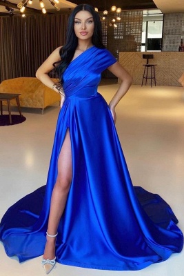 Stunning Royal Blue Ruched Satin Long Evening Dress_1