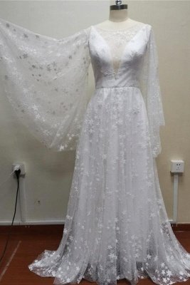 Boho Puffy Long Sleeves Aline Wedding Dress Tulle Star Pattern_4