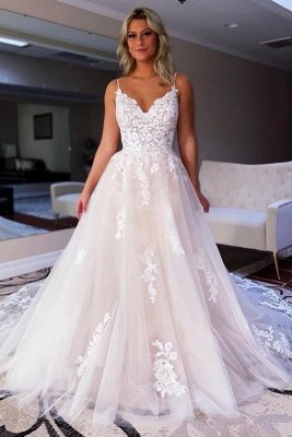 Elegant White Spaghetti Straps White Floral Wedding Dress Aline Tulle Bridal Dress