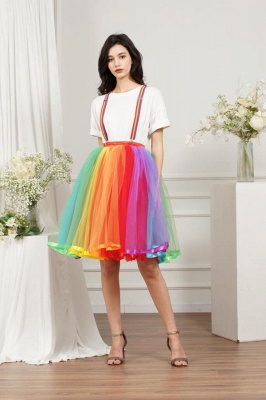 Rainbow Knee Length Skirt Layered Tulle Skirt Girls Colorful Costumes_6