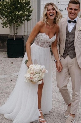 Sweetheart Tulle Lace Beach Wedding Dress Sleeveless Bridal Dress_3