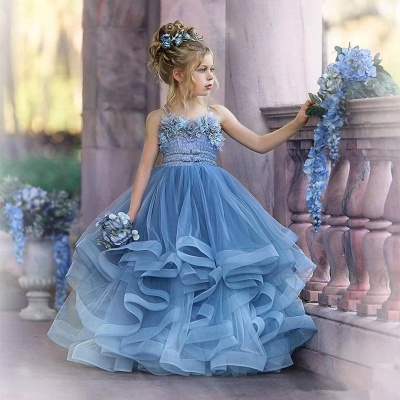 Spaghetti Straps Blue Ruffles Puffy Princess Flower Girl Dresses_6