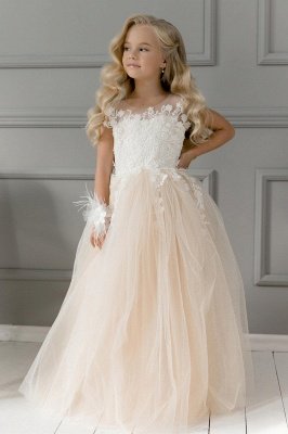 Champagne Tulle Flower Girl Dress White Lace Appliques  Floor Length Girl Formal Dress with Bowtie