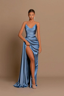 Stunning Duesty Blue Ruched Satin Long Prom Dress Strapless V-Neck Side Split Evening Party Wear Dress_2