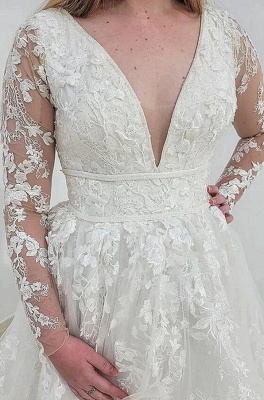 Elegant Long Sleeves A-line Wedding Dress Deep V-Neck Puffy Layers Lace Bridal Dress_6