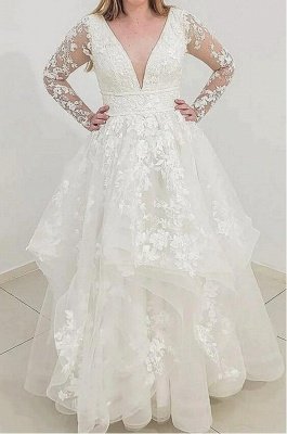 Elegant Long Sleeves A-line Wedding Dress Deep V-Neck Puffy Layers Lace Bridal Dress_3