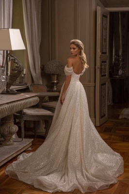 Glitter Off Shoulder A-line Wedding Dress Backless Long Bridal Dress_2