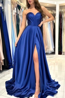 Stunning Sweetheart Satin Long Party Dress Strapless Side Slit Prom Dress_2