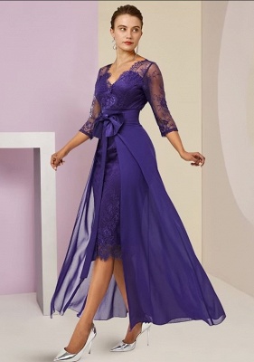 3/4 Sleeves Purple Floral Lace Slim Patchwork Dress  Wedding Guest Dress_4